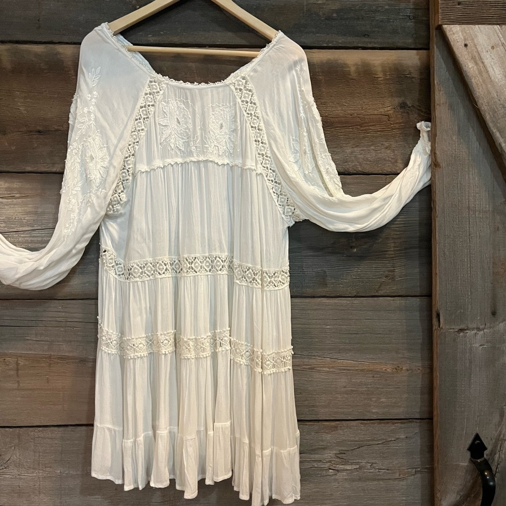 Free People Cream Tiered Sundress with Bishop Sleeves